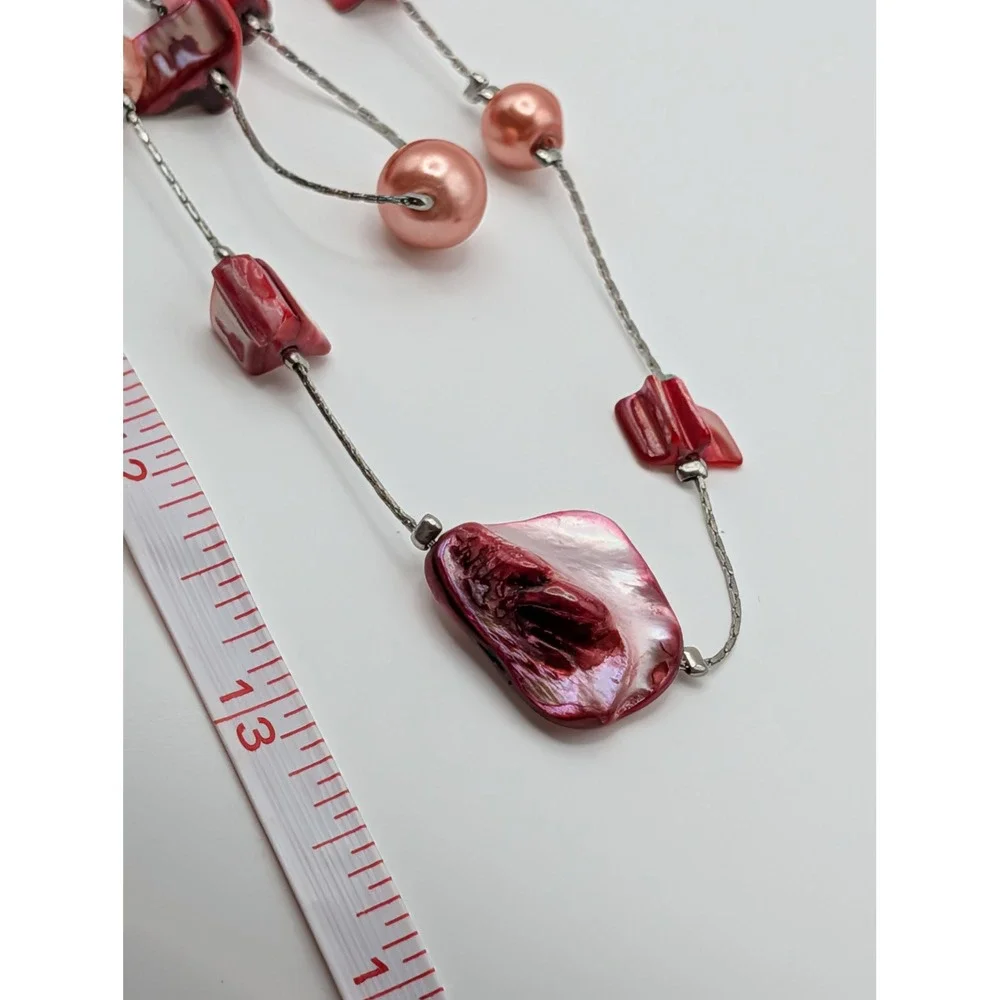 Unsigned Pink Mother of Pearl Shell Multi Strand Necklace and Earring Set Boho